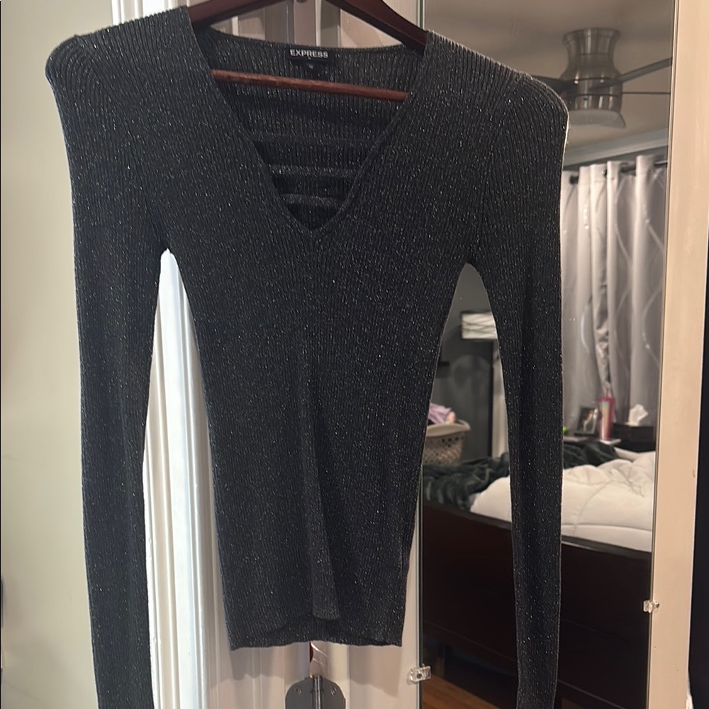 Express Black Shimmer V-Neck Sweater